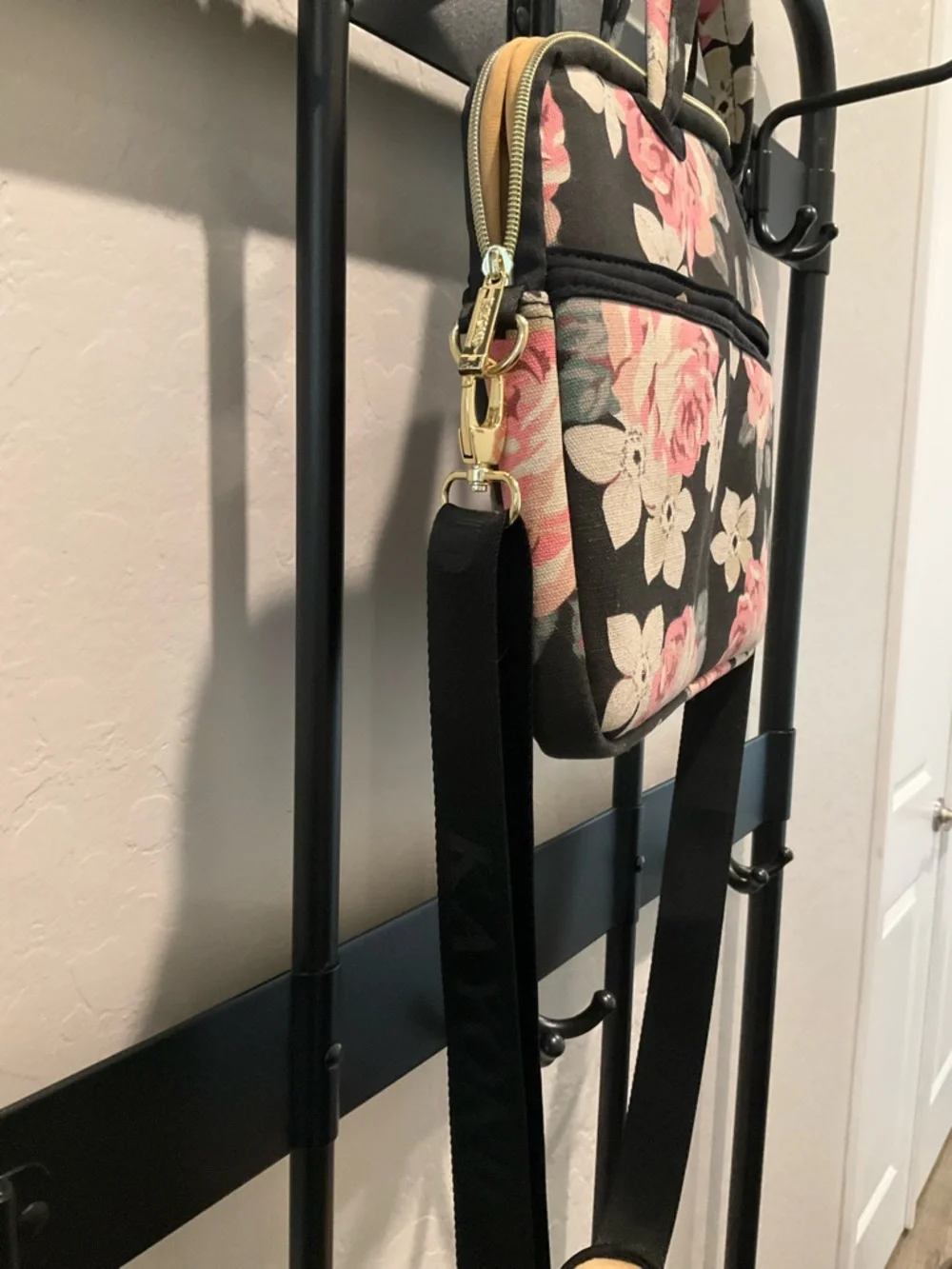 Floral Convertible Laptop Bag - Black with Pink Roses
